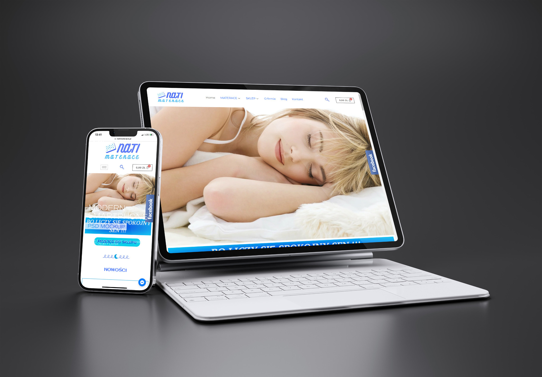 Mockup strony internetowej na laptopie i telefonie prezentujący kobietę śpiącą na materacu, z widocznym menu i logo firmy 'Nati Materace'.