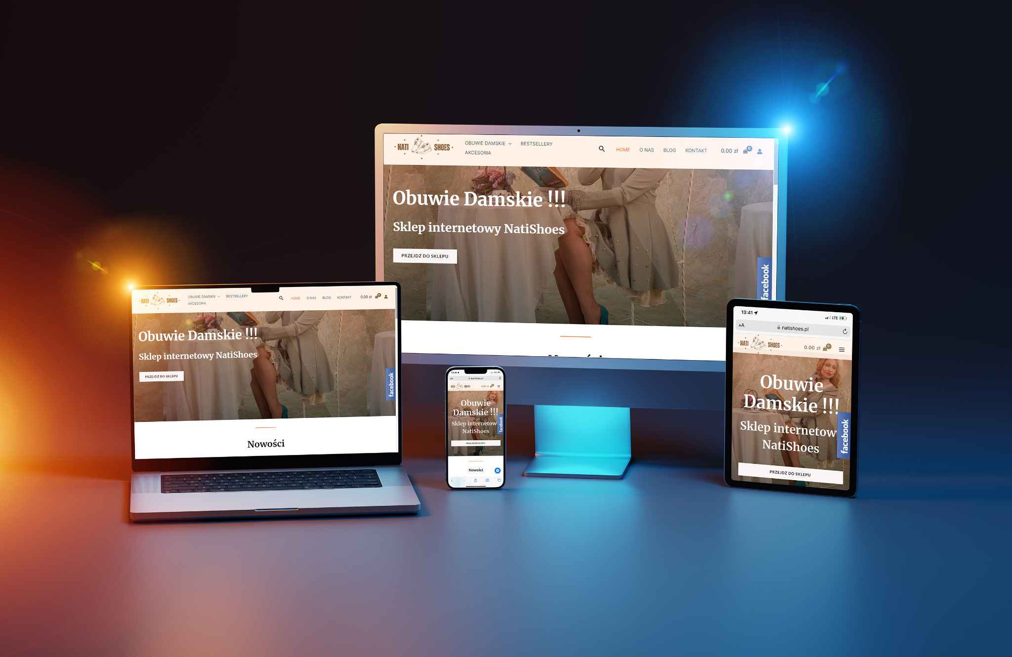 Responsywna strona internetowa sklepu z obuwiem damskim NatiShoes wyświetlona na monitorze, laptopie i tablecie, ukazująca nowoczesny design i dostępność na różnych urządzeniach.
