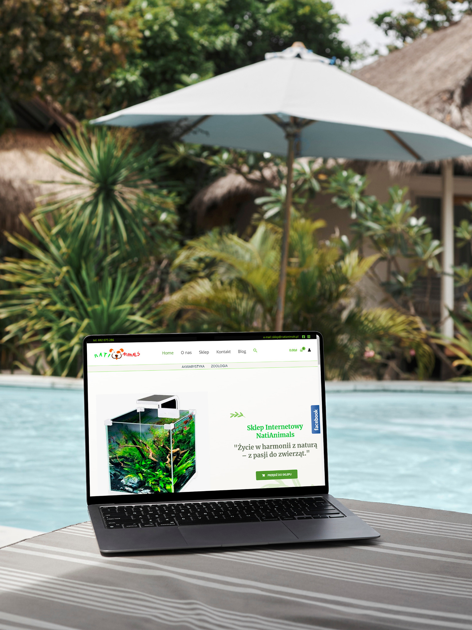 Laptop wyświetla stronę internetową sklepu zoologicznego NatiAnimals z akwarium na pierwszym planie, na tle basenu i tropikalnej roślinności.
