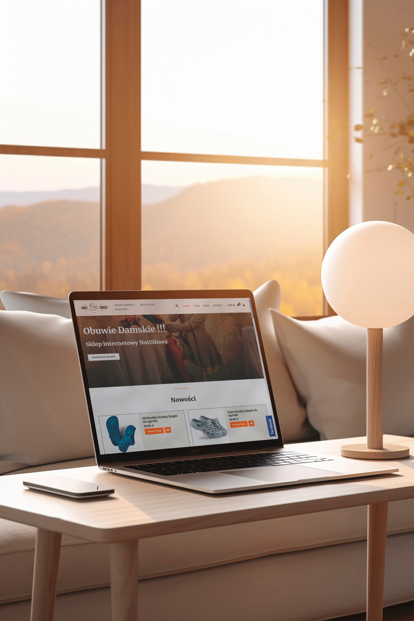 Laptop wyświetla stronę internetową sklepu obuwniczego NatiShoes na drewnianym stoliku przy sofie, z telefonem obok, w tle okno z widokiem na zachód słońca.