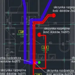 Schemat instalacji wentylacyjnej w budynku, przedstawiony na rzucie poziomym, z zaznaczonymi skrzynkami rozprężnymi i rozdzielczymi oraz ilością dolotów i wylotów, wykonany w programie CAD,...