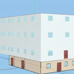 Wizualizacja 3D budynku wielorodzinnego z zaznaczonymi oknami i drzwiami, widok z perspektywy, niebieskie tło.