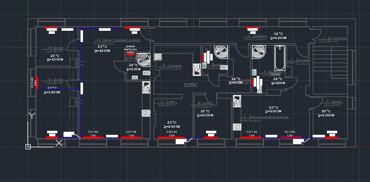 Plan instalacji grzewczej mieszkania w Fajsławicach, widok z góry, z naniesionymi grzejnikami, rurami oraz parametrami technicznymi.