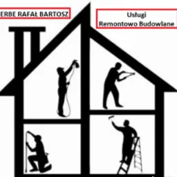 Logo firmy Erbe Rafał Bartosz prezentujące sylwetki pracowników podczas różnych prac remontowych wewnątrz konturu domu.