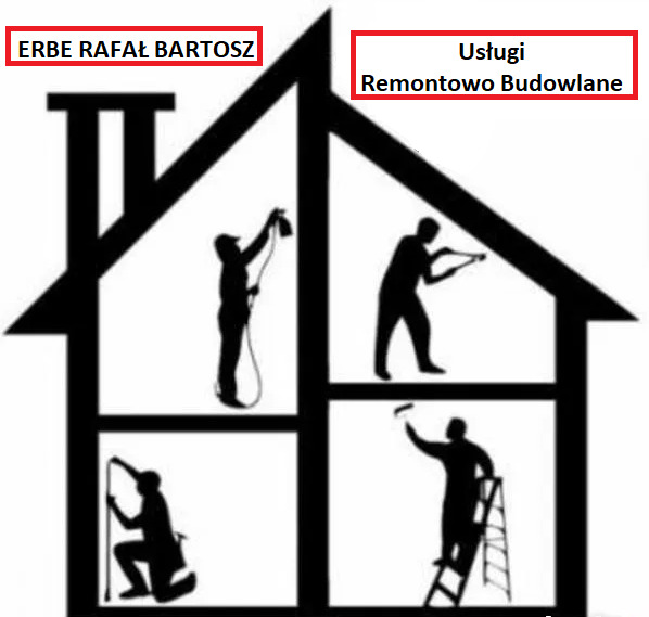 Logo firmy Erbe Rafał Bartosz prezentujące sylwetki pracowników podczas różnych prac remontowych wewnątrz konturu domu.