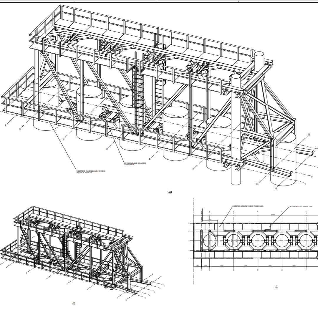 Techniczny rysunek 3D konstrukcji stalowej z cylindrycznymi zbiornikami, widok izometryczny i z boku, z naniesionymi wymiarami i oznaczeniami.