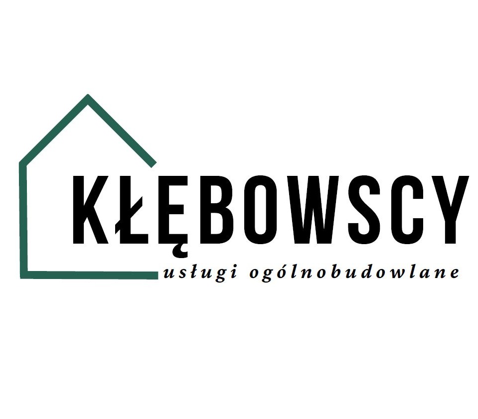 Logo firmy budowlanej Kłębowscy, z zielonym konturem domu i napisem 'usługi ogólnobudowlane' pod nazwą.