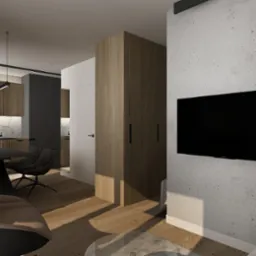 Wizualizacja wnętrza mieszkania: kuchnia z marmurowym blatem, drewniane szafki, czarne krzesła przy okrągłym stole, wysoka drewniana szafa, telewizor na betonowej ścianie.