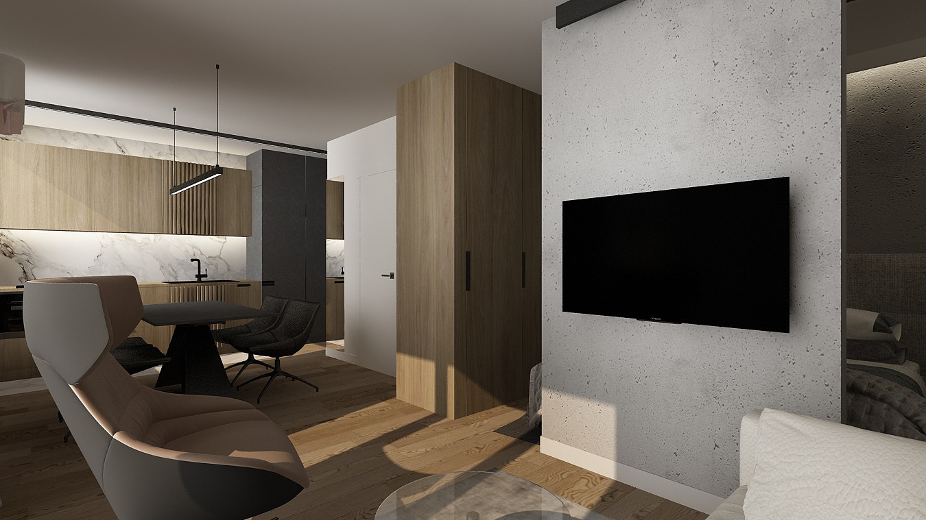 Wizualizacja wnętrza mieszkania: kuchnia z marmurowym blatem, drewniane szafki, czarne krzesła przy okrągłym stole, wysoka drewniana szafa, telewizor na betonowej ścianie.