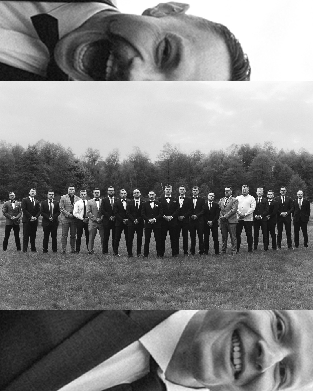 Czarno-białe zdjęcie grupy mężczyzn w garniturach, stojących na polu, z ujęciem twarzy jednego z nich z góry i dołu, tworząc kompozycję.