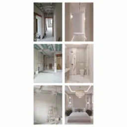 Porównanie wizualizacji 3D z etapami remontu mieszkania we Wrocławiu: surowy stan z instalacjami elektrycznymi i hydraulicznymi zestawiony z luksusowym wykończeniem wnętrz.