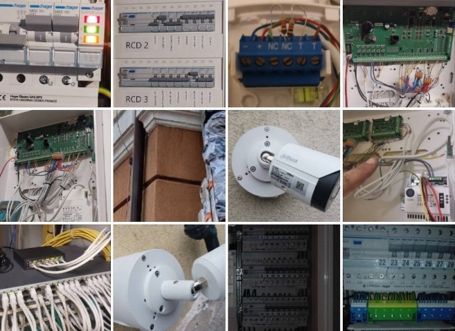 Kompozycja z detali instalacji elektrycznych: rozdzielnica Hager z bezpiecznikami, moduł alarmowy, kamera Dahua, okablowanie sieciowe, złącza, listwy zaciskowe.