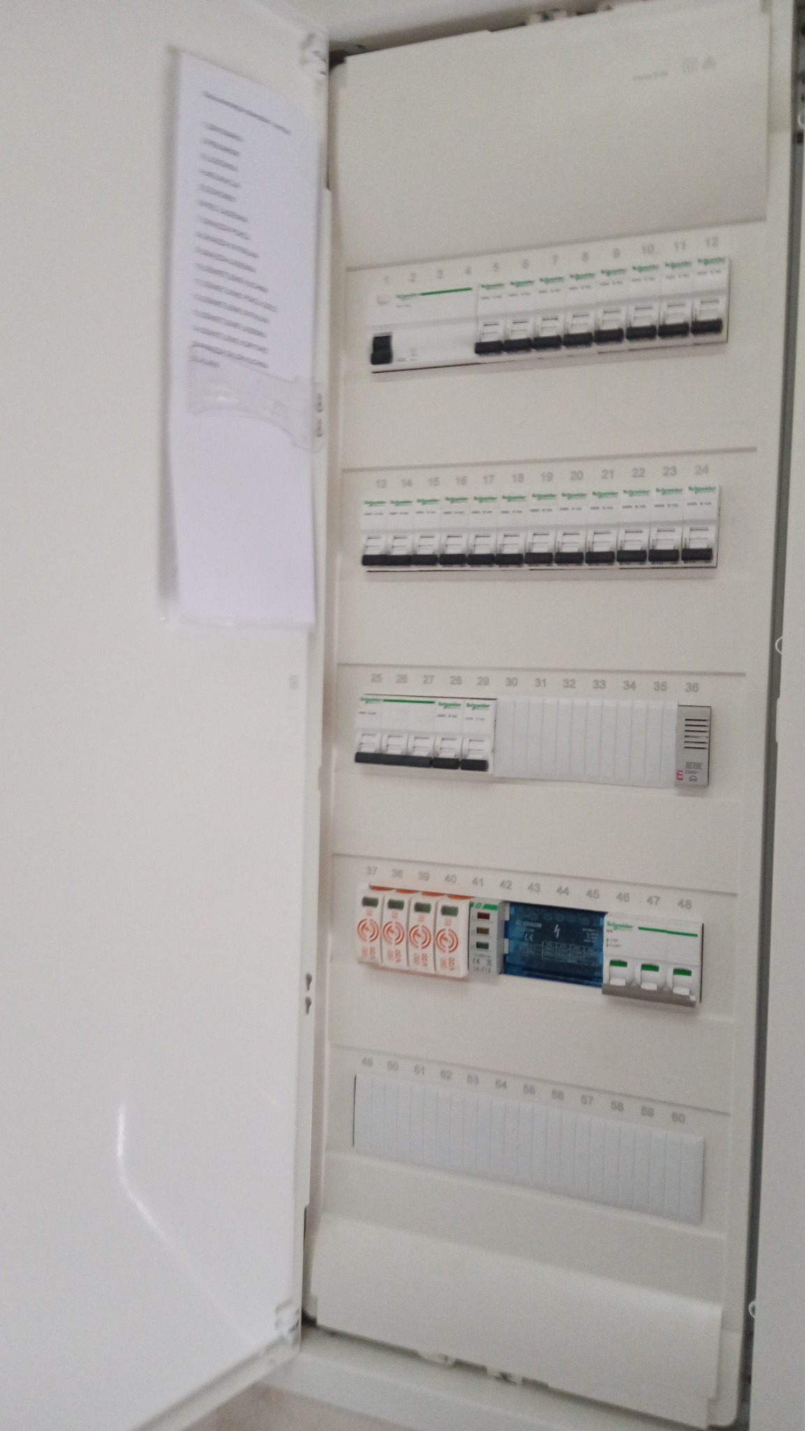 Otwarta, biała skrzynka rozdzielcza z bezpiecznikami i listwą zaciskową, z numeracją 1-60, umieszczona wewnątrz budynku. Na drzwiach skrzynki widoczna kartka z listą.