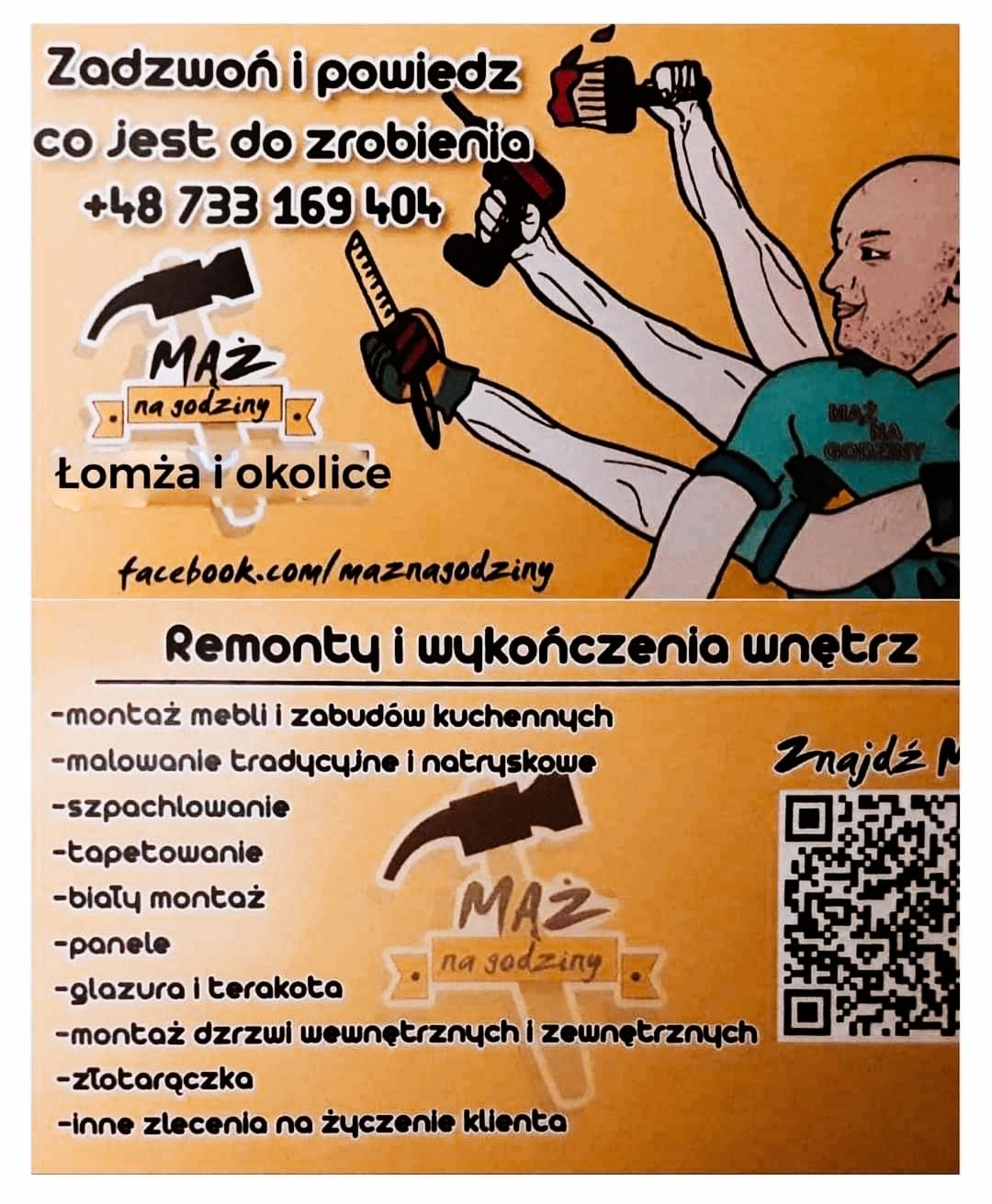 Grafika reklamowa firmy remontowej z Łomży, oferującej szeroki zakres usług, w tym montaż mebli, malowanie, szpachlowanie, tapetowanie, montaż paneli, glazury, drzwi oraz usługi złotarączki,...