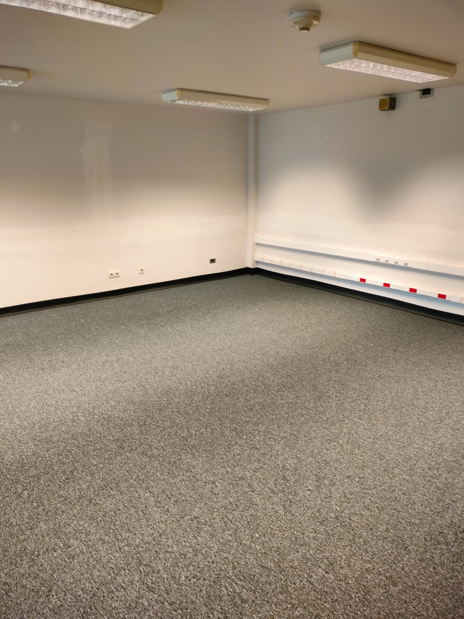 Wnętrze biura z szarą wykładziną dywanową, białe ściany z listwami przypodłogowymi i instalacjami elektrycznymi, oświetlenie sufitowe