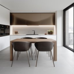 Kamil Tomczak - Nowoczesna kuchnia z brązowymi szafkami, białym blatem i drewnianym stołem z czterema krzesłami. Minimalistyczny design, duże okno z widokiem na miasto.
