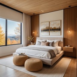 Kamil Tomczak - Jasna sypialnia z drewnianym sufitem i dużym oknem z widokiem na jesienny krajobraz. Dwa pufy z wikliny przy łóżku. Nad łóżkiem dwa obrazy z motywem jesieni.