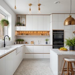 Kamil Tomczak - Nowoczesna, jasna kuchnia z białymi, minimalistycznymi szafkami, marmurowym blatem i złotymi akcentami. Wiszące rośliny i oświetlenie dodają przytulności.