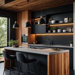Kamil Tomczak - Nowoczesna kuchnia z wyspą: drewniane fronty szafek kontrastują z czarnymi elementami. Oświetlenie LED podkreśla półki z dekoracjami. Dwa krzesła barowe przy wyspie.