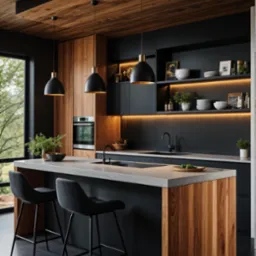 Nowoczesna kuchnia z wyspą: drewniane fronty szafek kontrastują z czarnymi elementami. Oświetlenie LED podkreśla półki z dekoracjami. Dwa krzesła barowe przy wyspie.