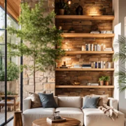 Stylowy salon z kamienną ścianą, drewnianymi półkami i roślinami. Biała sofa z poduszkami, okrągły stolik kawowy i pufa. Duże okno z widokiem na zieleń.