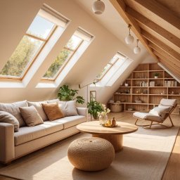 Kamil Tomczak - Jasne poddasze z drewnianą konstrukcją dachu i oknami połaciowymi. Beżowa sofa, okrągły stolik kawowy i puf tworzą przytulną strefę relaksu. Drewniany regał z książkami w tle.