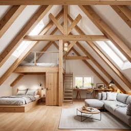 Kamil Tomczak - Jasne poddasze z drewnianą konstrukcją dachu, antresolą z przeszkloną barierką, łóżkiem na podeście i szarą sofą. Okno dachowe wpuszcza naturalne światło.