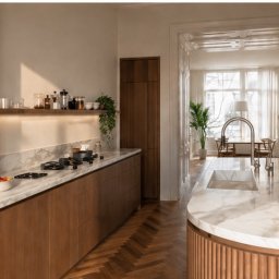 Kamil Tomczak - Elegancka kuchnia z drewnianymi szafkami, marmurowym blatem i parkietem w jodełkę. Widok na jadalnię przez ozdobne drzwi. Minimalistyczny design, ciepłe oświetlenie.