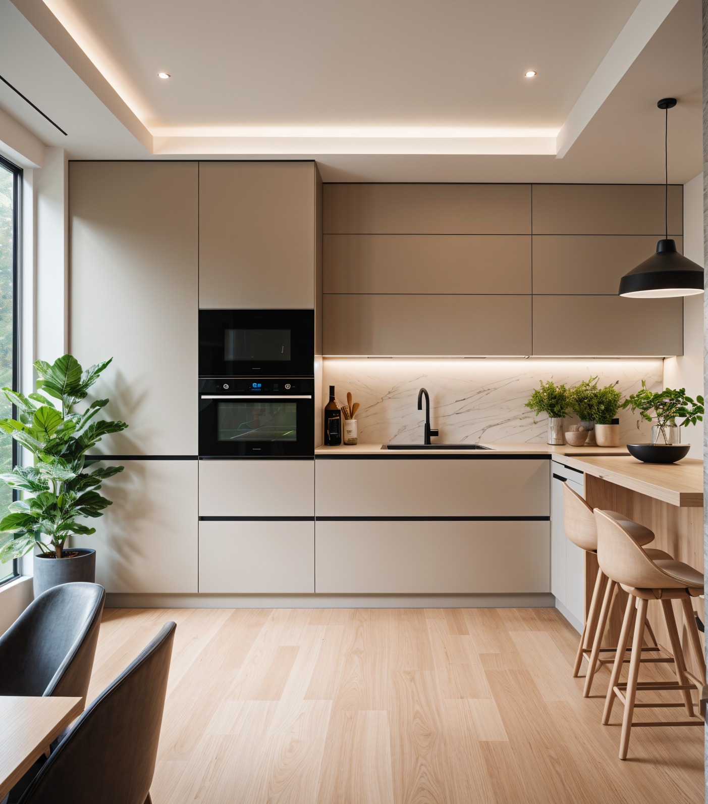 Nowoczesna kuchnia w beżach z drewnianym blatem, czarną armaturą i oświetleniem LED, uzupełniona zielonymi roślinami i drewnianymi krzesłami barowymi.