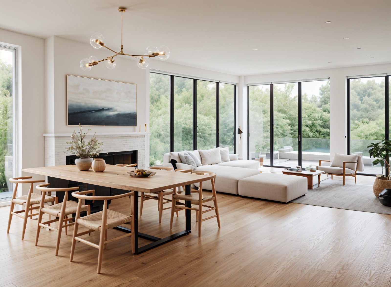 Jasne, przestronne wnętrze z drewnianym stołem i krzesłami w stylu skandynawskim. W tle salon z dużymi oknami i widokiem na zieleń. Kraków.