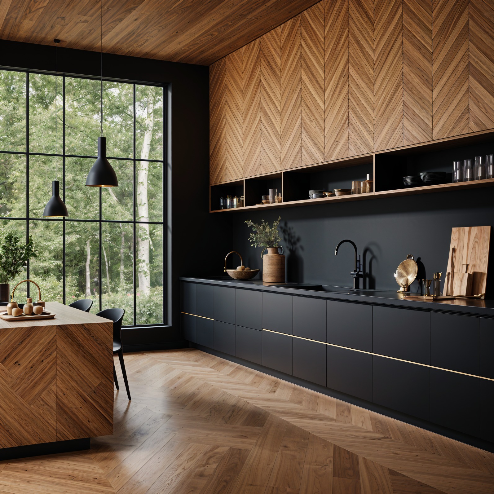Nowoczesna kuchnia w odcieniach czerni i drewna z parkietem w jodełkę. Duże okno z widokiem na zieleń. Minimalistyczne lampy wiszące. Drewniana ściana z szafkami.