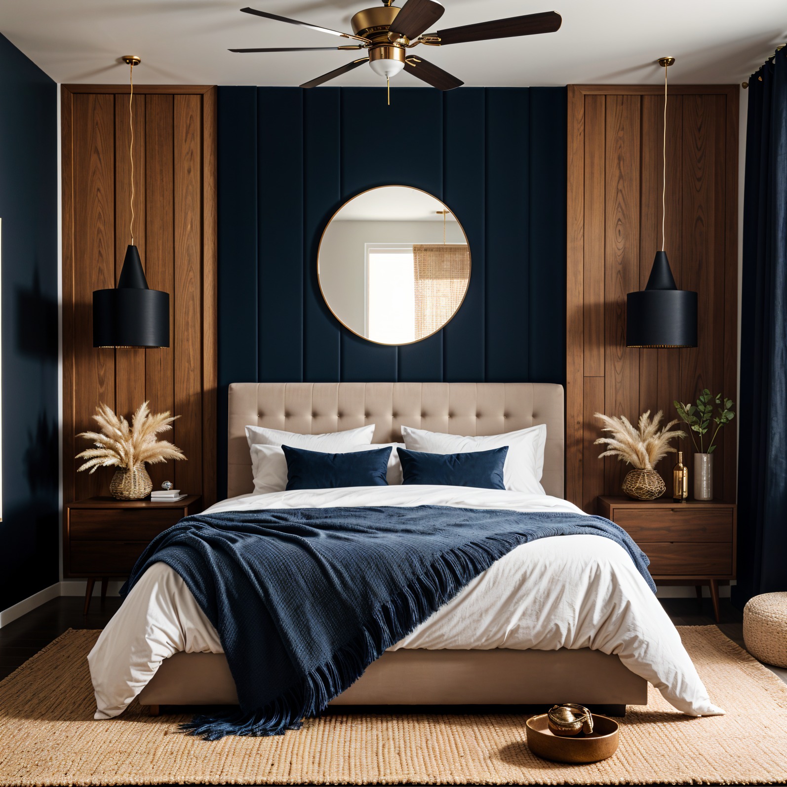 Elegancka sypialnia z ciemnoniebieską ścianą, drewnianymi panelami i okrągłym lustrem. Beżowe łóżko z granatowym pledem i dekoracjami na szafkach nocnych.