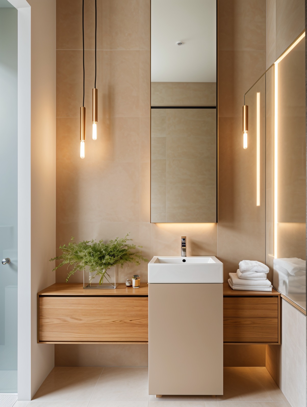Nowoczesna łazienka z beżowymi płytkami, drewnianą szafką pod umywalką i wiszącymi lampami. Minimalistyczny design z akcentami roślinnymi.