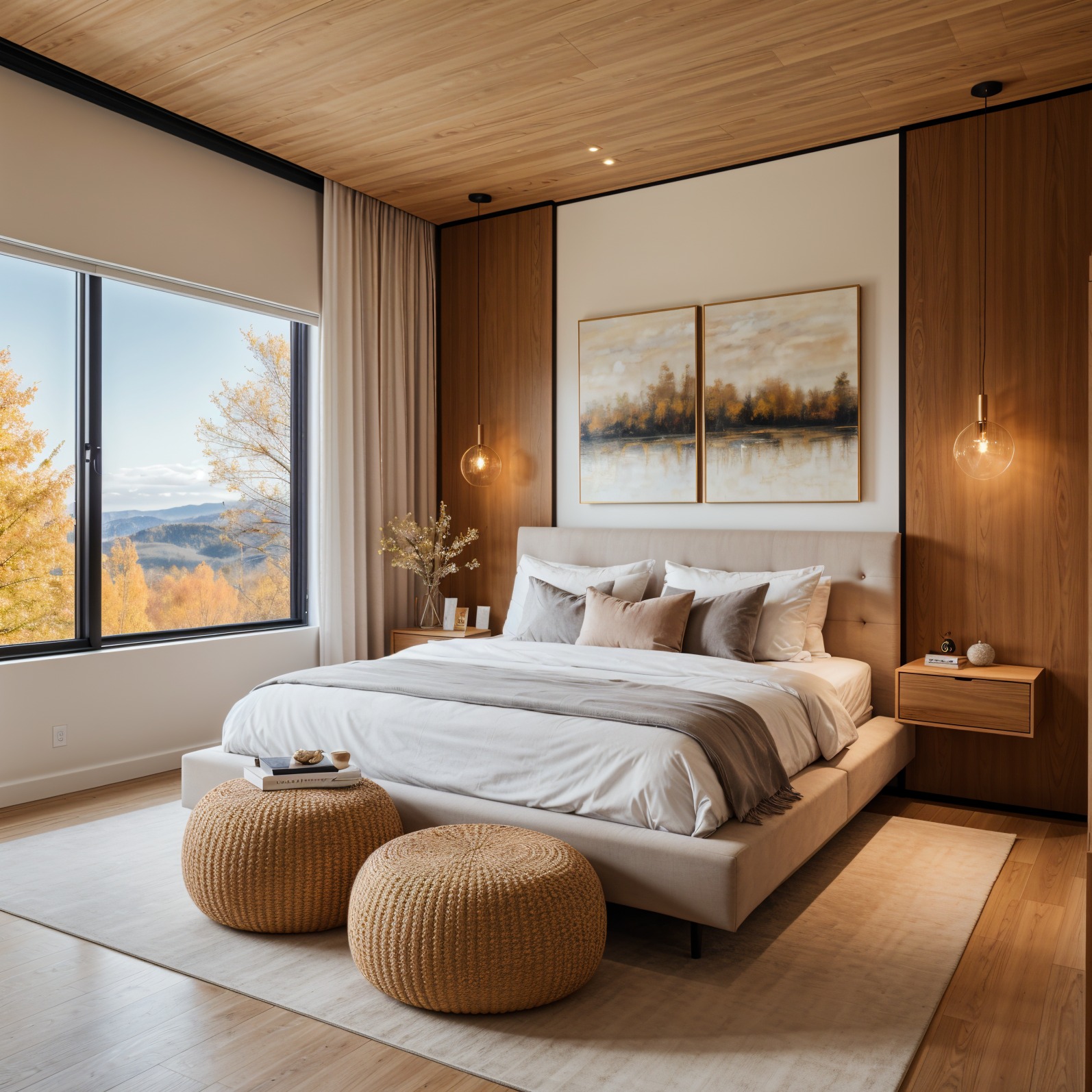 Jasna sypialnia z drewnianym sufitem i dużym oknem z widokiem na jesienny krajobraz. Dwa pufy z wikliny przy łóżku. Nad łóżkiem dwa obrazy z motywem jesieni.