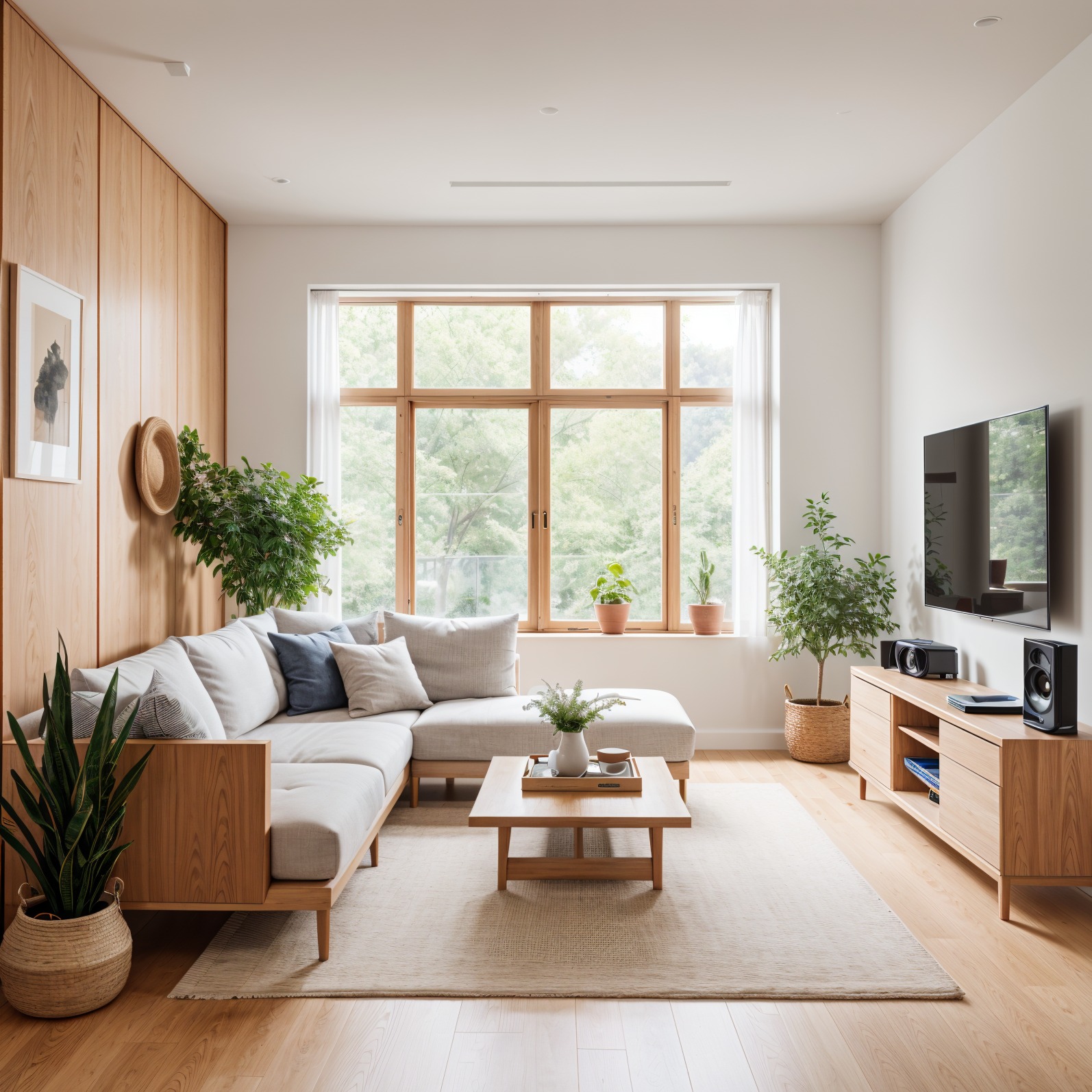 Jasne, przestronne wnętrze salonu z drewnianymi akcentami, roślinami doniczkowymi i dużym oknem z widokiem na zieleń. Naturalne światło podkreśla minimalistyczny design.