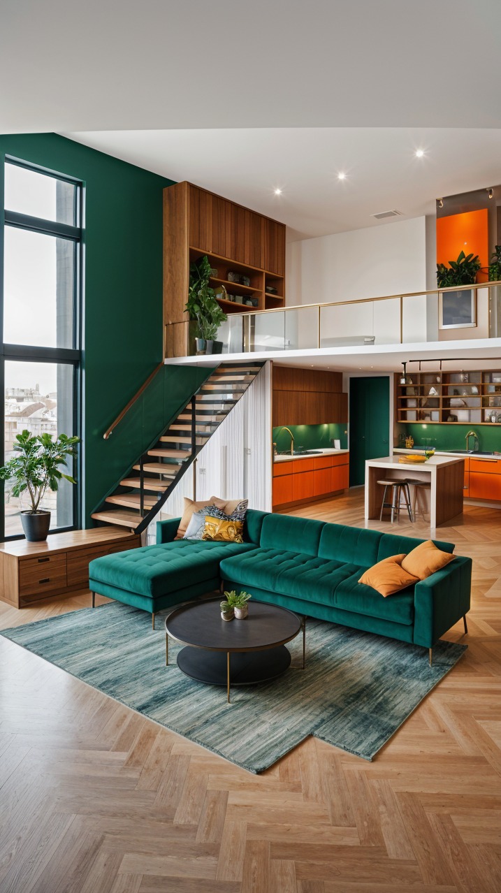 Wnętrze dwupoziomowego apartamentu z zieloną sofą, drewnianymi schodami i pomarańczową kuchnią. Parkiet w jodełkę. Duże okno z widokiem na miasto.