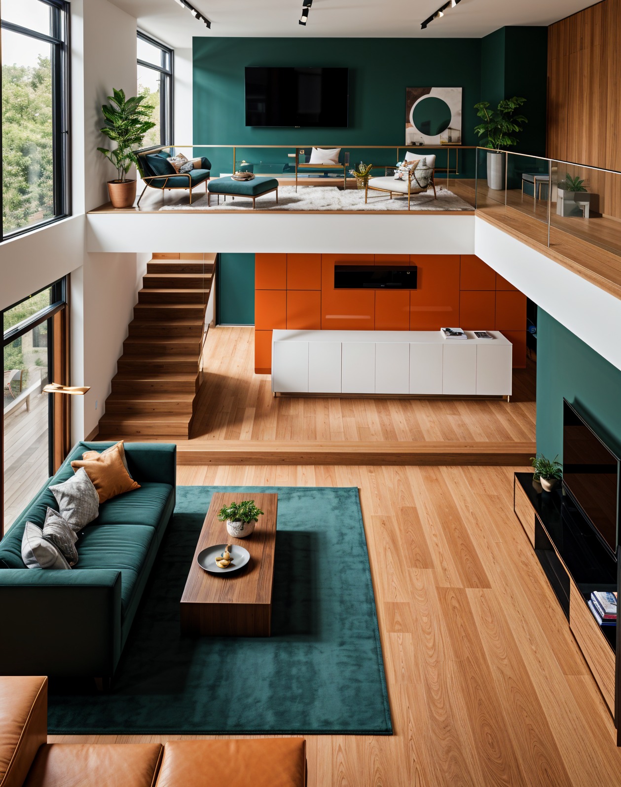 Dwupoziomowy salon z antresolą i schodami z drewna. Turkusowa sofa, dywan i ściany kontrastują z pomarańczową kuchnią. Nowoczesne oświetlenie i minimalistyczny design.