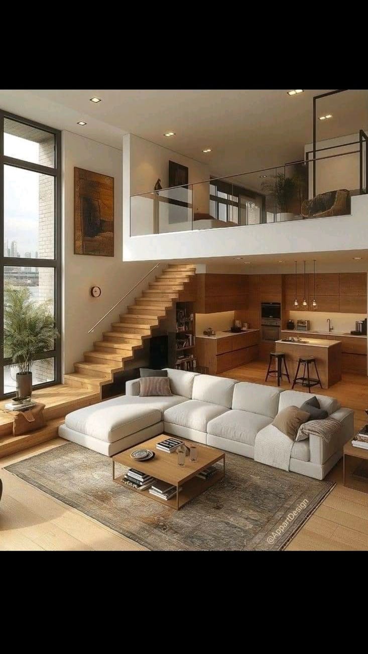 Nowoczesny salon z antresolą: beżowa sofa narożna, drewniane schody i kuchnia w tle. Duże okno z widokiem na miasto. Minimalistyczny design, ciepłe oświetlenie.