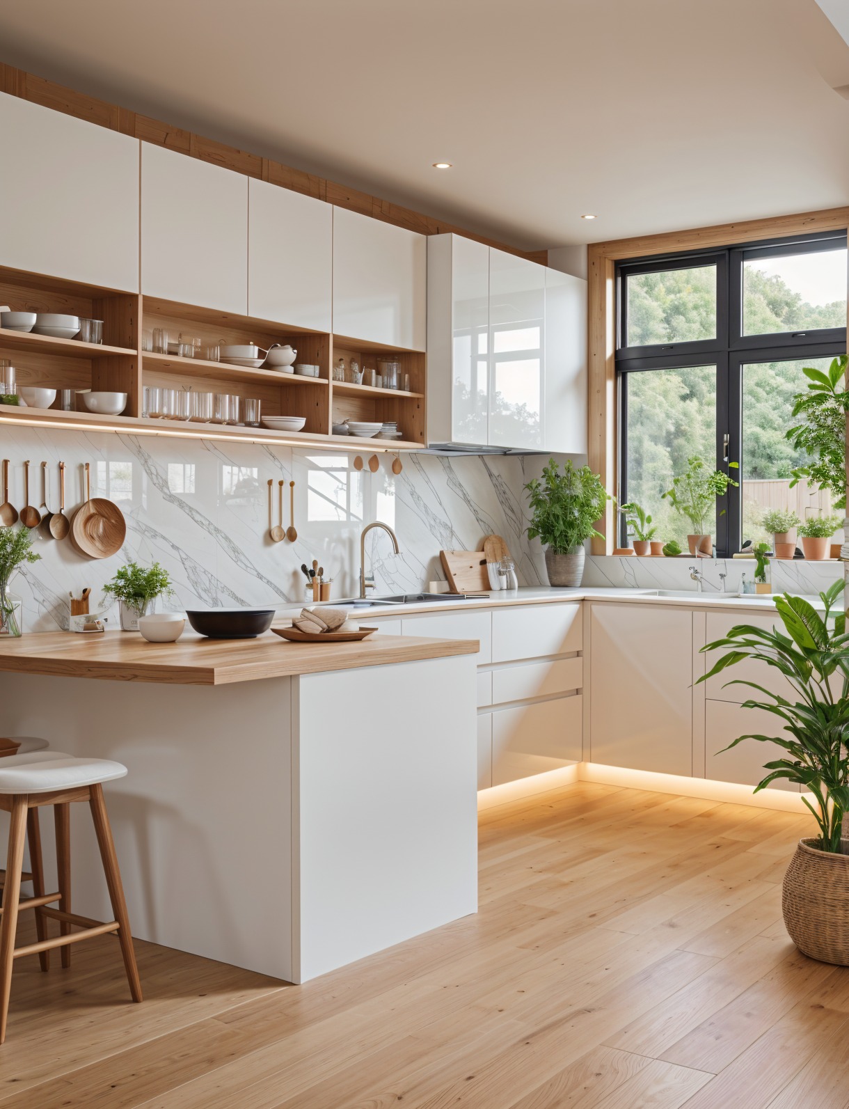 Jasna kuchnia z drewnianymi akcentami: białe szafki, marmurowy backsplash, drewniany blat wyspy i podłoga. Duże okno z widokiem na zieleń, rośliny doniczkowe i oświetlenie LED.