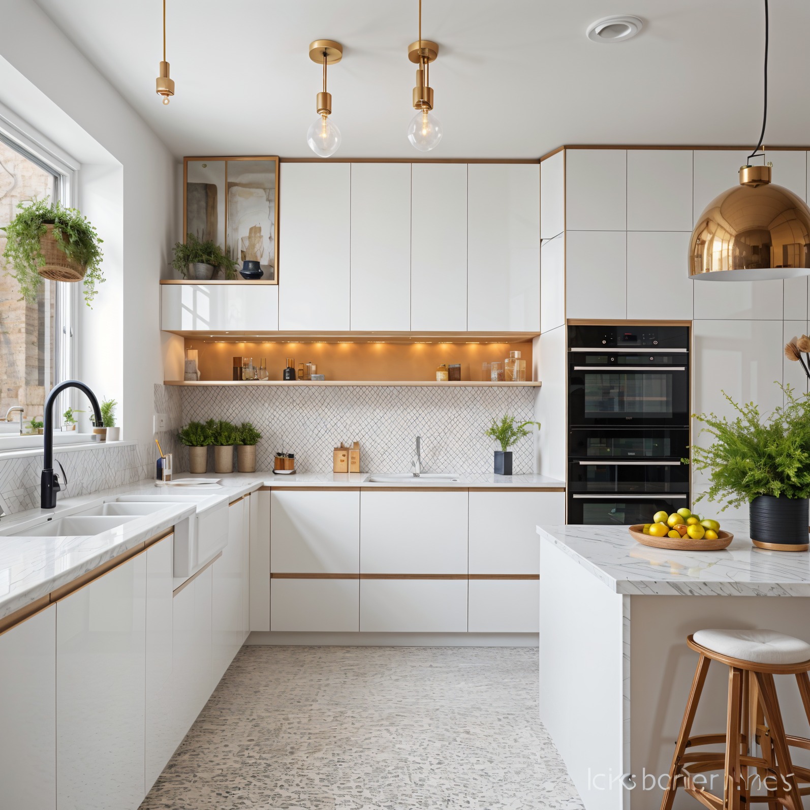 Nowoczesna, jasna kuchnia z białymi, minimalistycznymi szafkami, marmurowym blatem i złotymi akcentami. Wiszące rośliny i oświetlenie dodają przytulności.