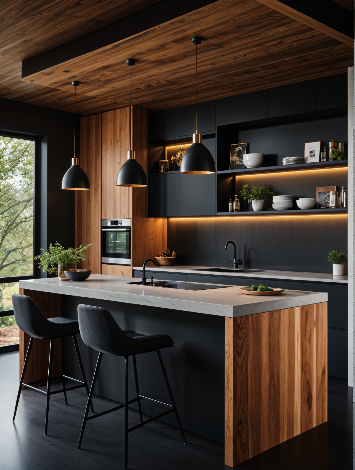 Nowoczesna kuchnia z wyspą: drewniane fronty szafek kontrastują z czarnymi elementami. Oświetlenie LED podkreśla półki z dekoracjami. Dwa krzesła barowe przy wyspie.