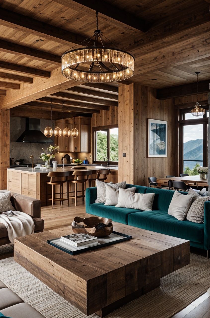 Drewniane wnętrze domu z otwartą kuchnią, salonem i jadalnią. Turkusowa sofa, drewniany stół kawowy, okrągły żyrandol. Widok na góry za oknem.