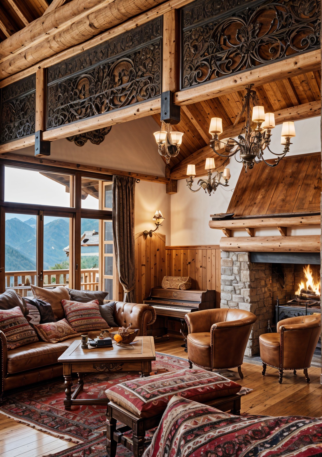 Rustykalny salon z drewnianymi belkami, kominkiem z kamienia i fortepianem. Widok na góry przez okno. Bogate zdobienia i ciepłe oświetlenie tworzą przytulną atmosferę.