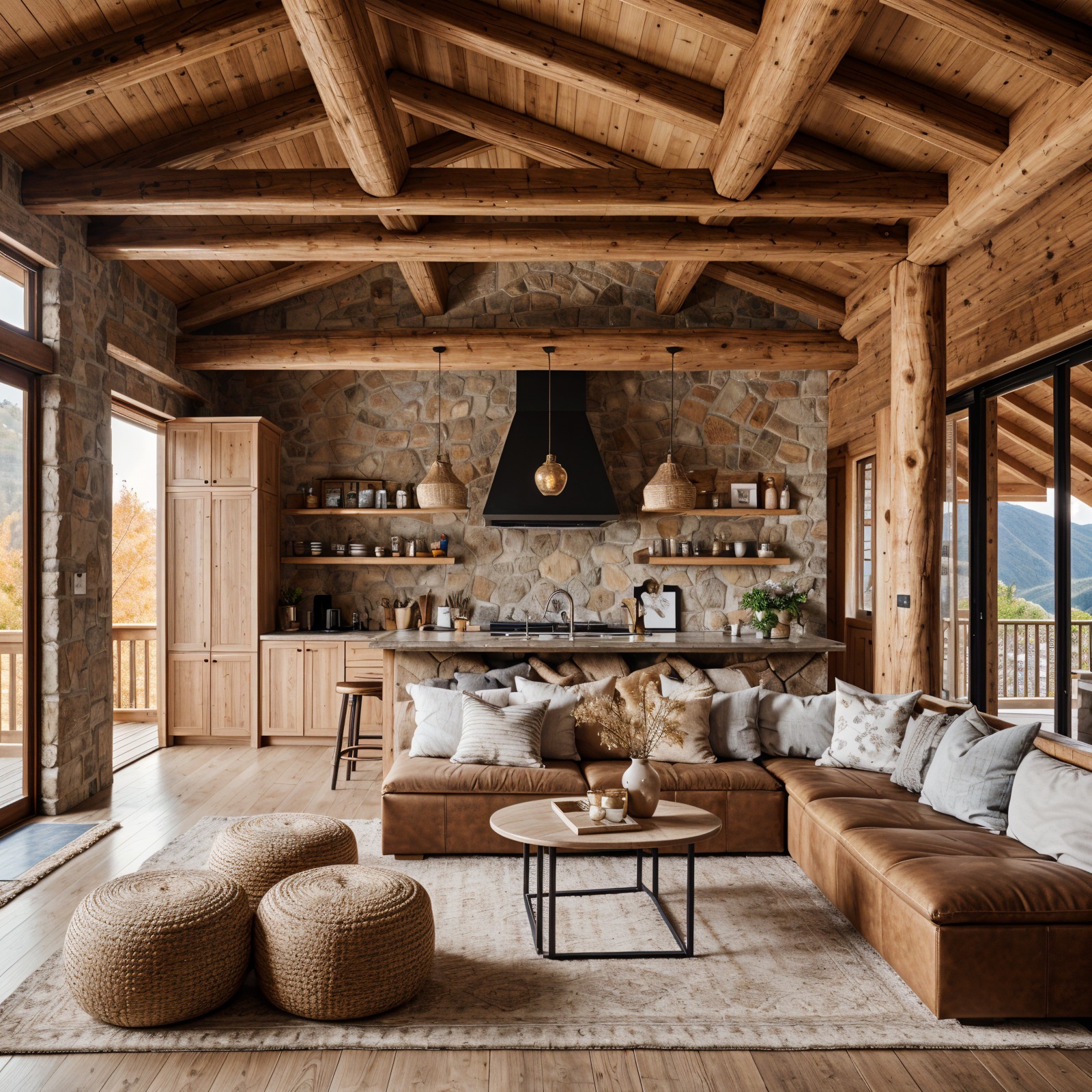 Rustykalny salon z kamienną ścianą, drewnianym stropem i brązową sofą narożną. Widok na góry z balkonu. Wnętrze w ciepłych barwach, oświetlone naturalnym światłem.