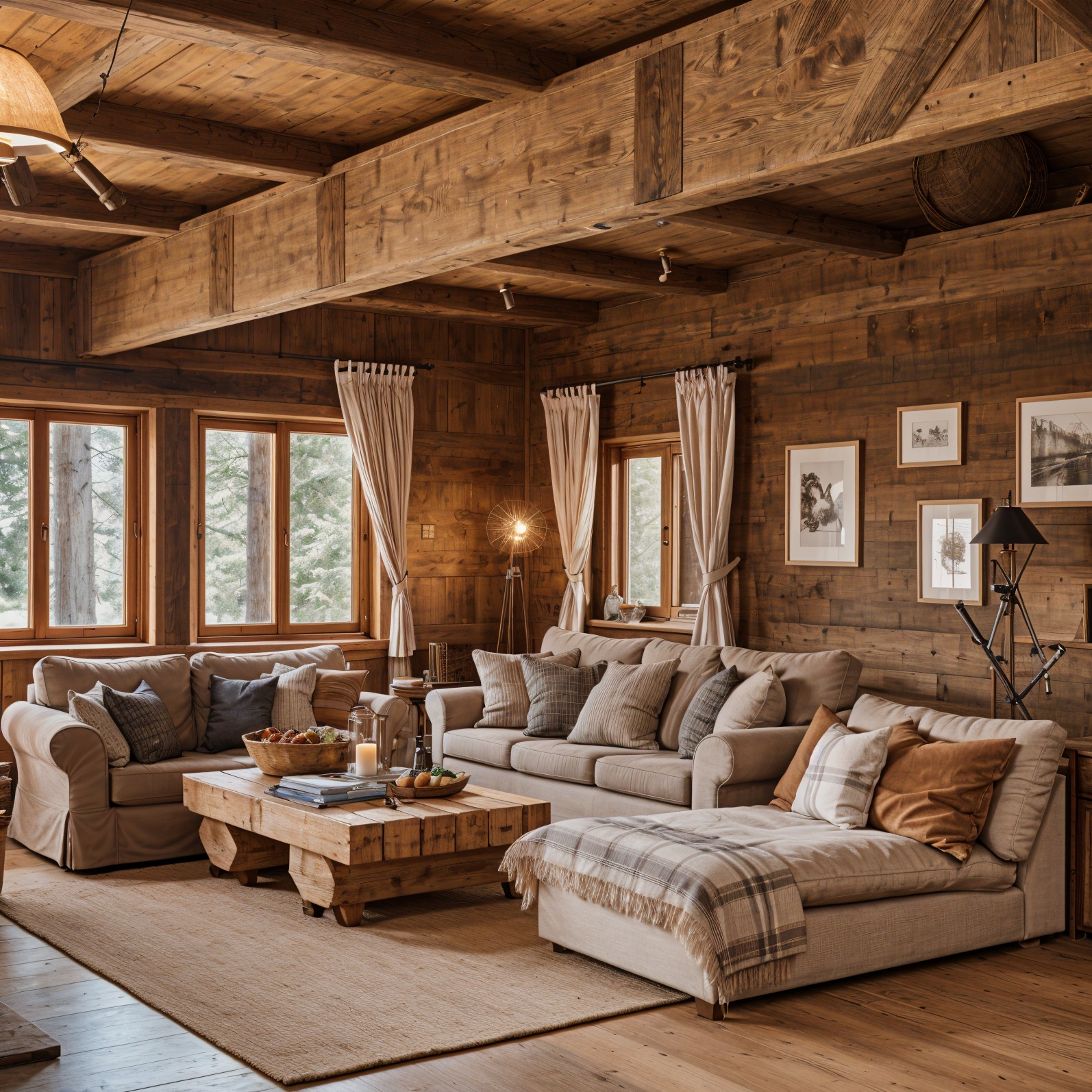 Rustykalny salon z drewnianymi ścianami, beżowymi sofami i stolikiem kawowym z surowego drewna. Okna z widokiem na las, dywan z juty i lampa podłogowa.