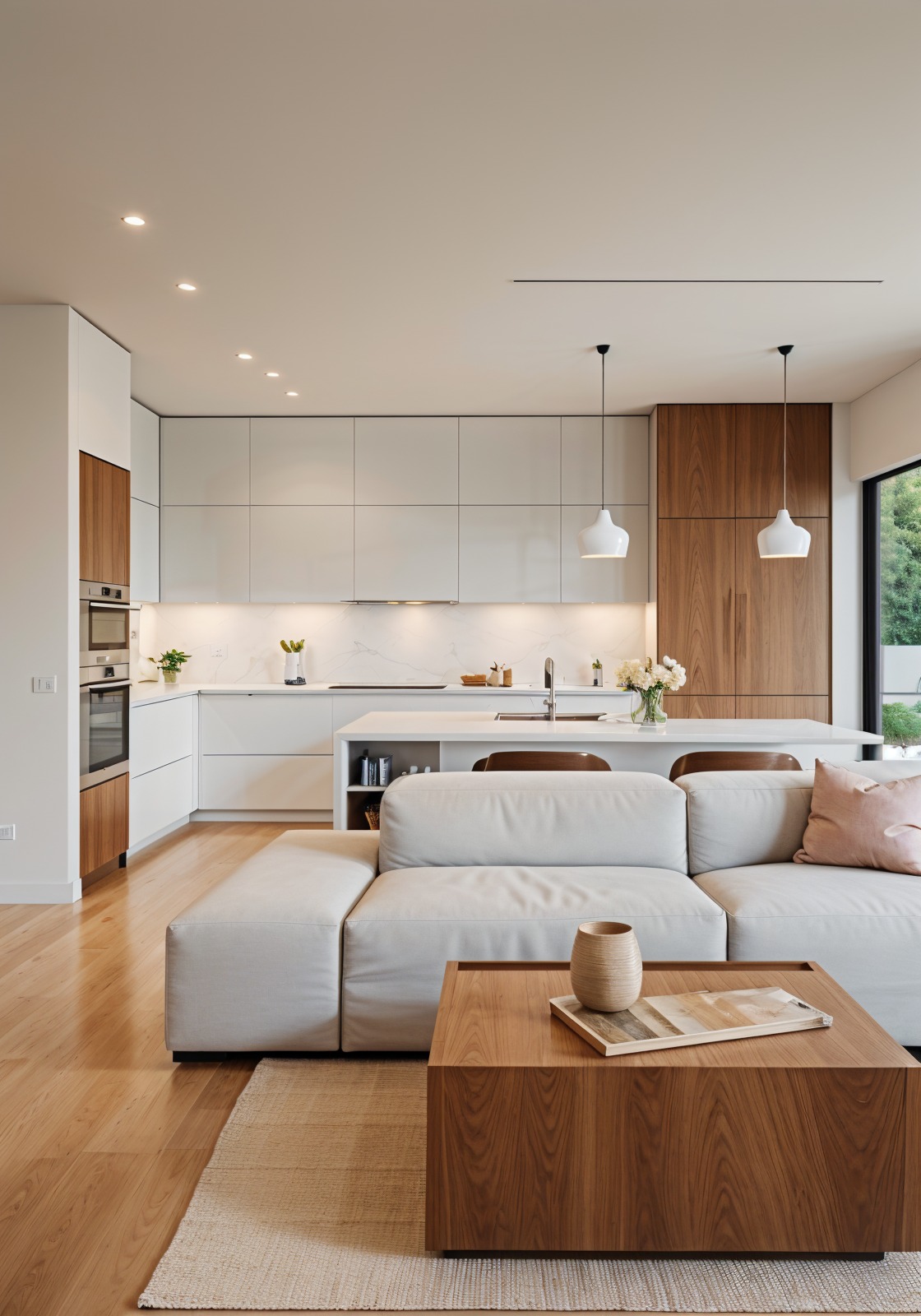 Nowoczesna kuchnia z białymi szafkami i drewnianymi akcentami, otwarta na salon z beżową kanapą i drewnianym stolikiem kawowym. Minimalistyczny design, jasne wnętrze.