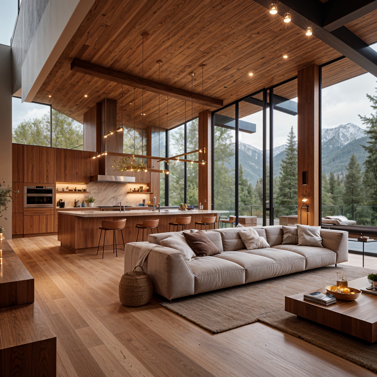 Przestronne wnętrze domu z drewnianym wykończeniem, panoramicznymi oknami z widokiem na góry i nowoczesną kuchnią z wyspą oraz beżową sofą.