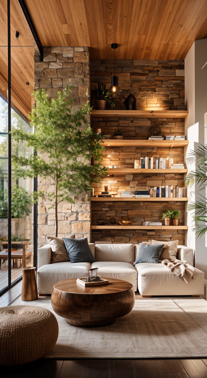 Stylowy salon z kamienną ścianą, drewnianymi półkami i roślinami. Biała sofa z poduszkami, okrągły stolik kawowy i pufa. Duże okno z widokiem na zieleń.