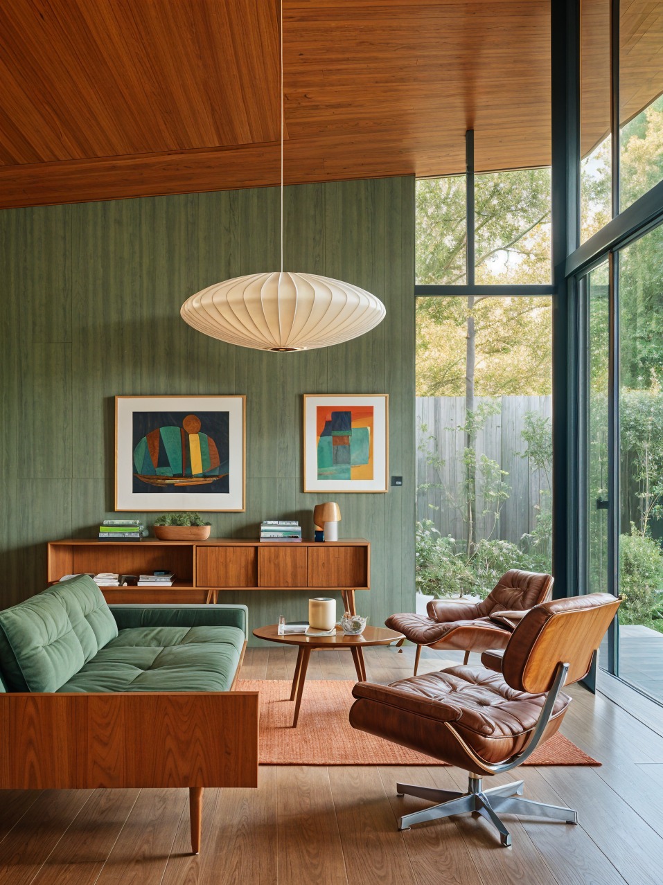 Salon w stylu mid-century modern: zielona ściana, drewniane meble, grafiki na ścianie, lampa wisząca, skórzane fotele i duże okno z widokiem na zieleń.