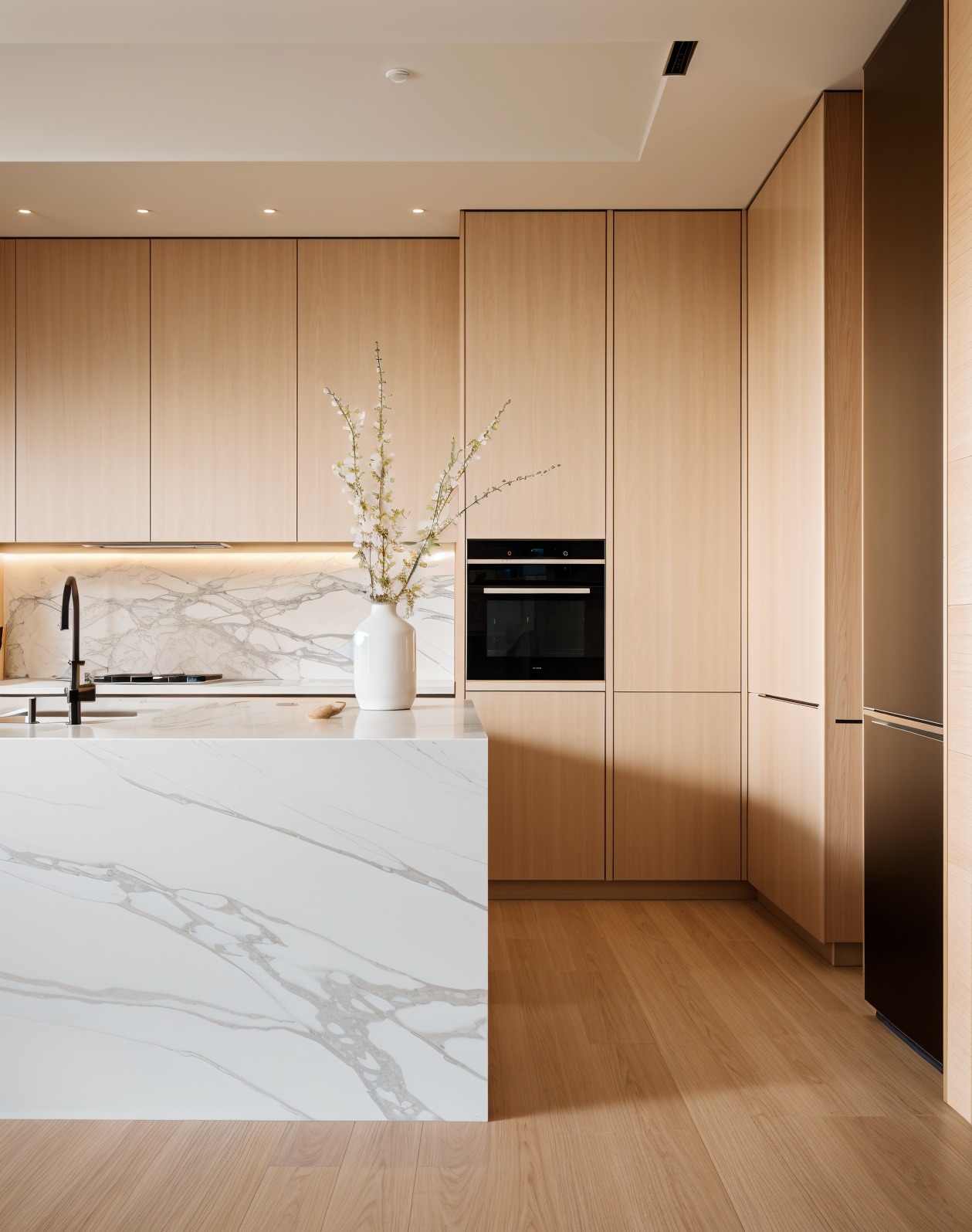 Jasna kuchnia z drewnianymi szafkami, marmurowym blatem i czarną armaturą. Wazon z białymi kwiatami dodaje elegancji. Minimalistyczny design, ciepłe oświetlenie.